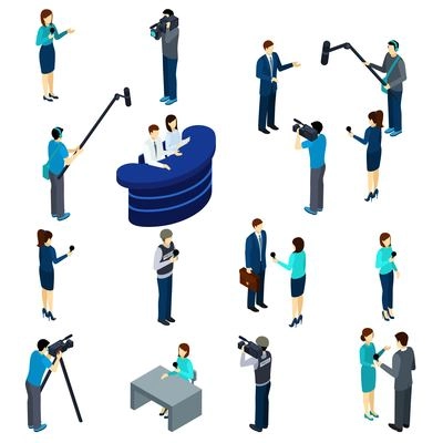 Journalists at work isometric icons set of conducting interviews reporting and broadcasting professionals abstract isolated vector illustration
