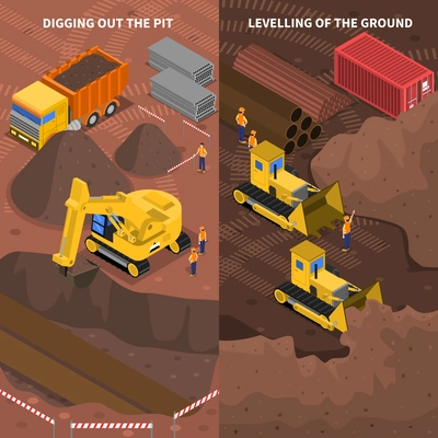 Construction machinery at work pit digging and ground leveling 2 isometric vertical banners set abstract vector illustration