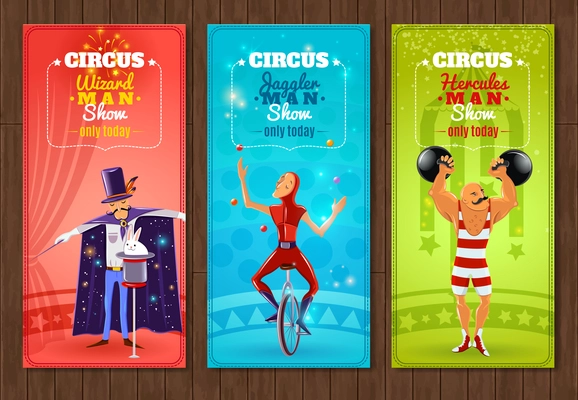 Travelling circus one day show flat banners set with juggler strongman and wizard abstract isolated vector illustration