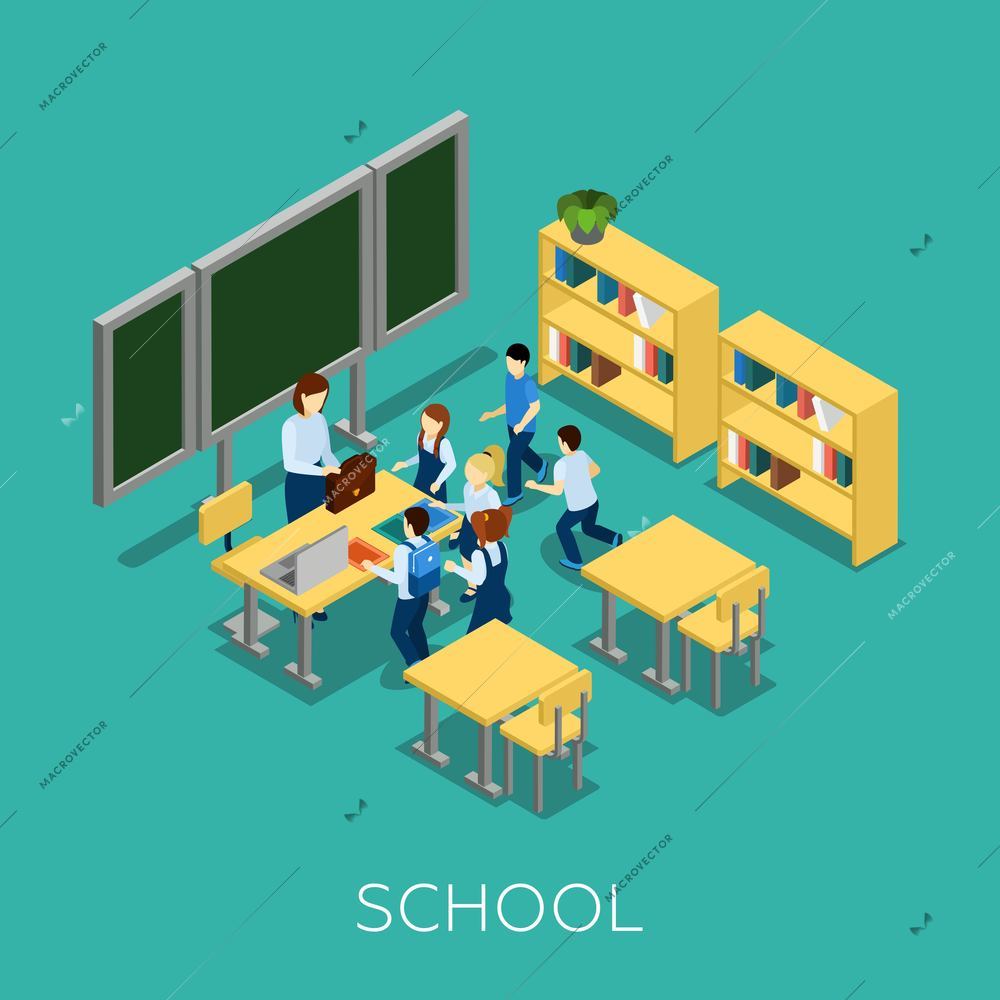 School and learning isometric concept with teacher and children on blue background vector illustration