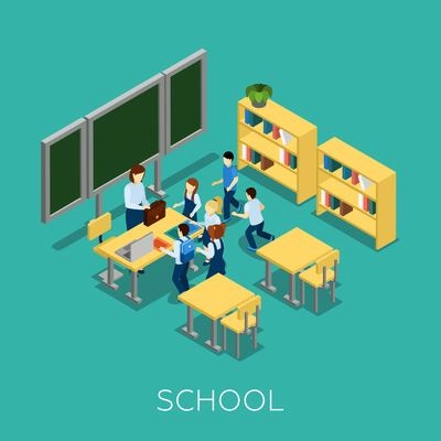 School and learning isometric concept with teacher and children on blue background vector illustration