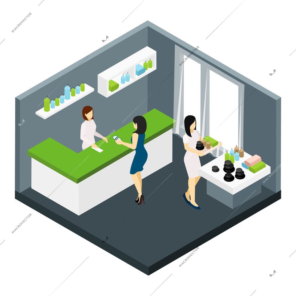 Spa and beauty salon with massage stones and aromatherapy isometric vector illustration