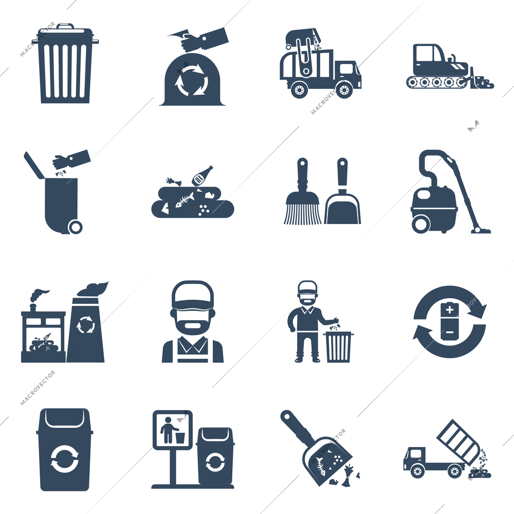 Garbage disposal black icons set with cleaner garbage can recycling plant isolated vector illustration