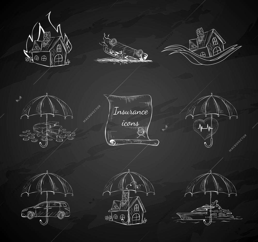 Chalk board insurance security icons design elements isolated hand drawn sketch vector illustration