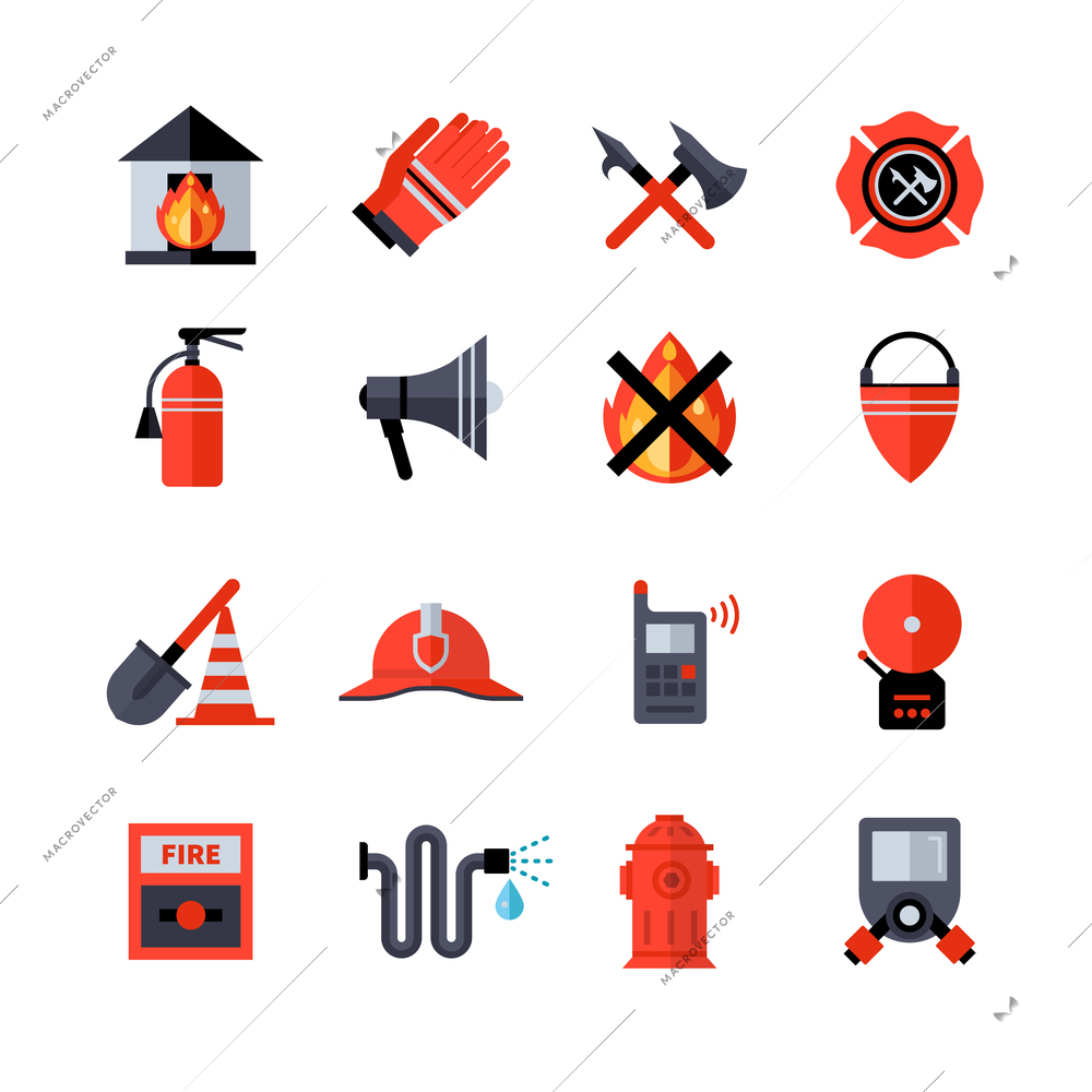 Fire department decorative flat icons collection of fireman equipment and tools with hatchet bucketful spade helm extinguisher isolated vector illustration