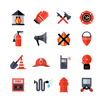 Fire department decorative flat icons collection of fireman equipment and tools with hatchet bucketful spade helm extinguisher isolated vector illustration