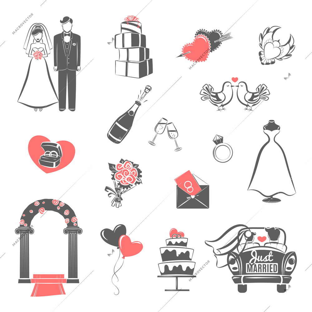 Traditional wedding two colors icons set with engaged couple and bridal party accessories abstract isolated vector illustration