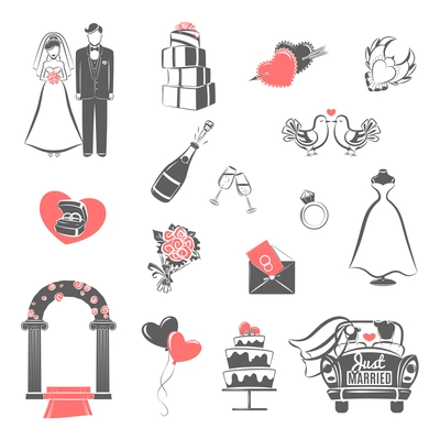 Traditional wedding two colors icons set with engaged couple and bridal party accessories abstract isolated vector illustration