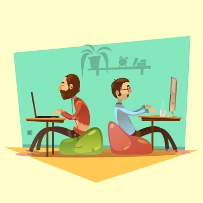 Coworking cartoon set with computers coffee and seats on yellow background vector illustration