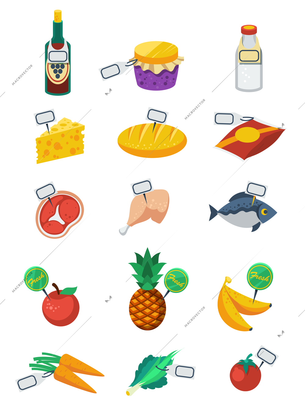 Supermarket flat color decorative icons set of food products and price tags with vegetables fruits meat dairy and bakery products isolated vector illustration