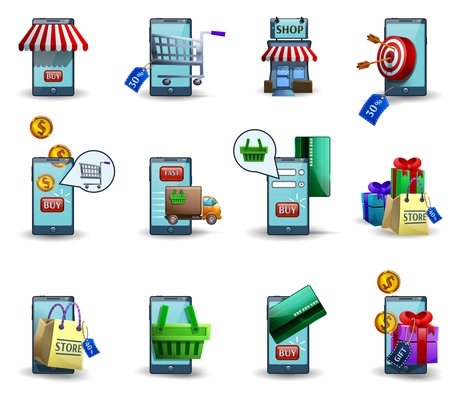 M-commerce buying and selling wireless digital customer mobile commerce services 3d icons set abstract isolated vector illustration