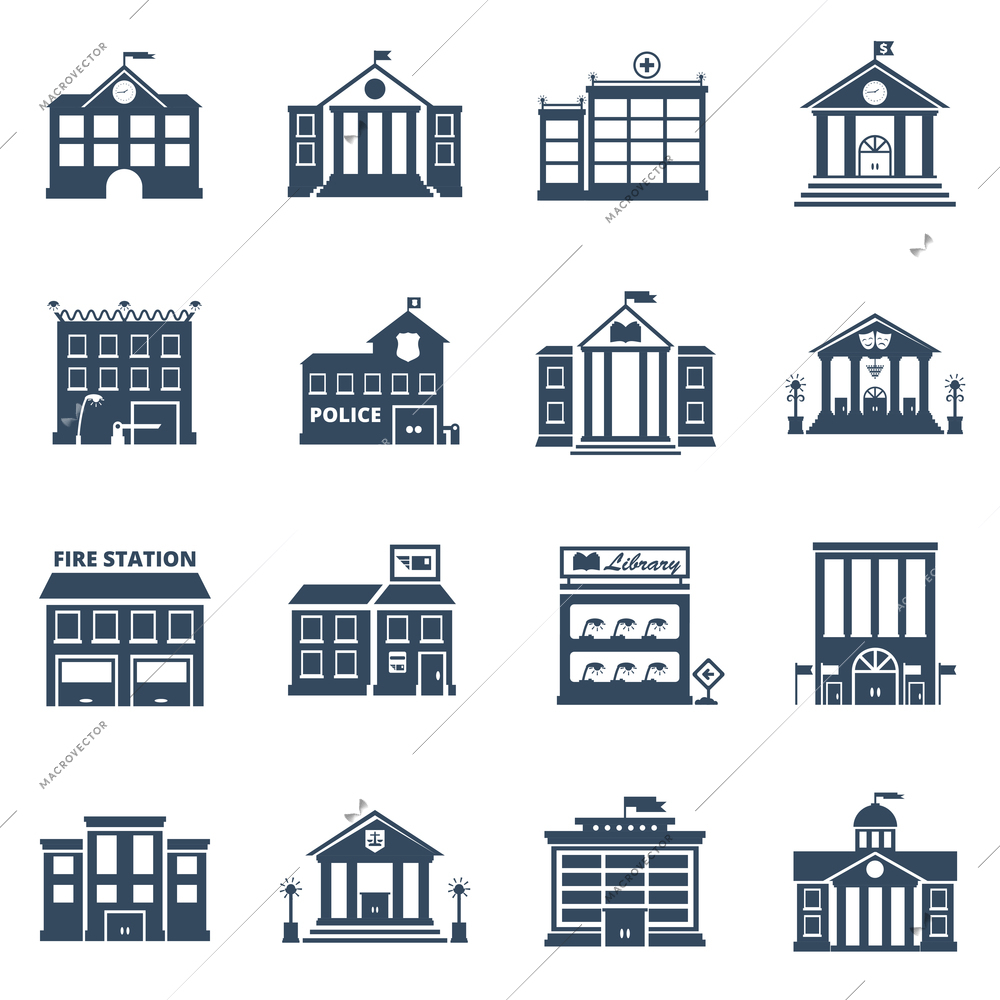 Government building black icons set of fire station library prison post office isolated vector illustration