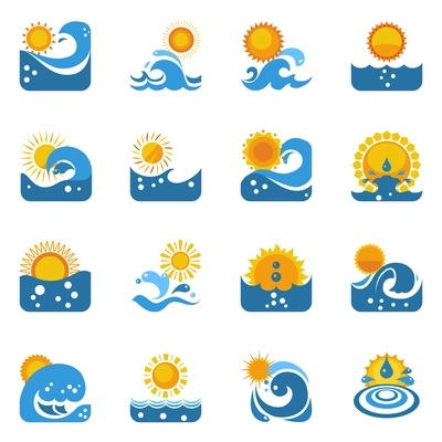 Blue swirling waves flat icons set with yellow sun disk and rays  isolated vector illustration