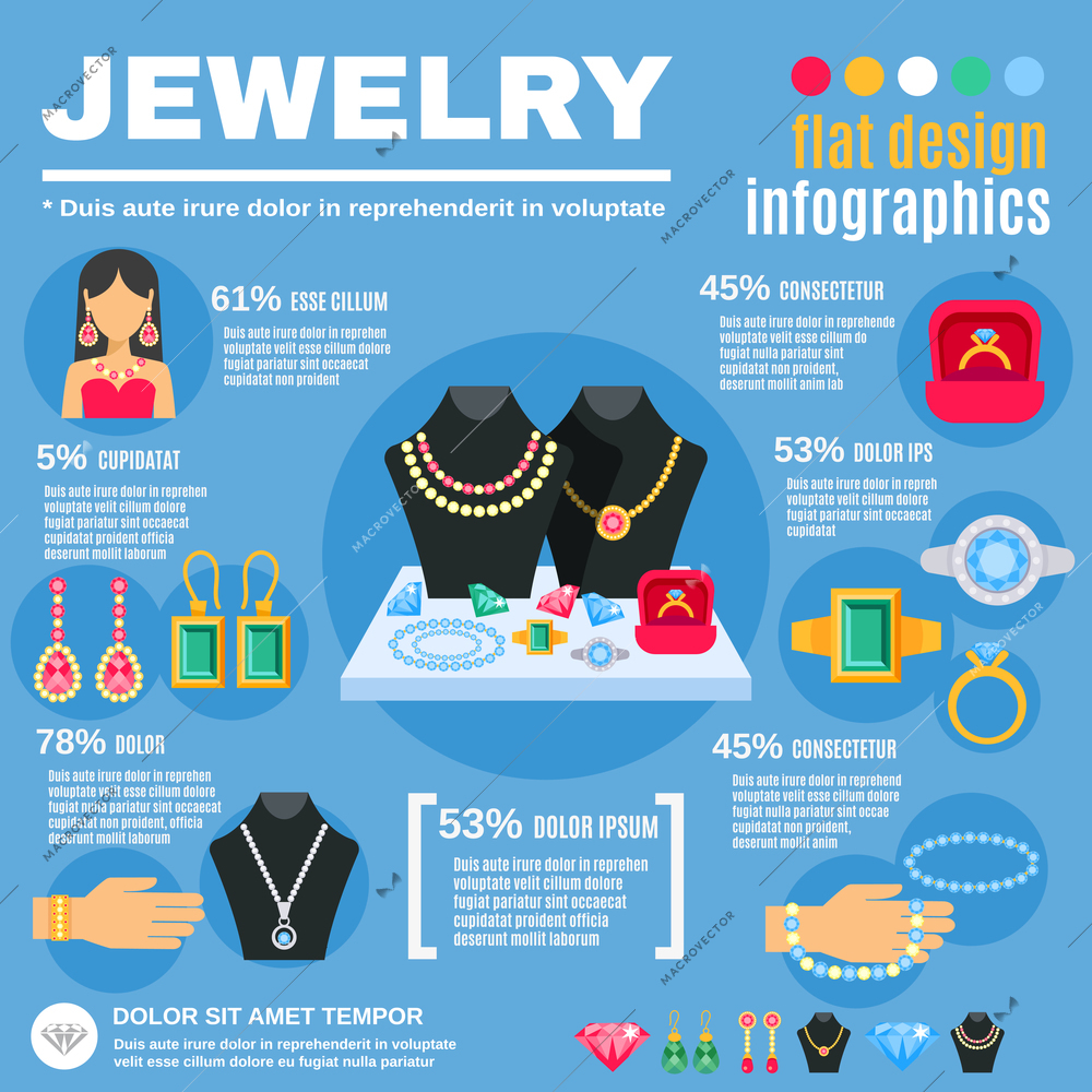 Jewelry infographic set with woman earrings and rings flat vector illustration