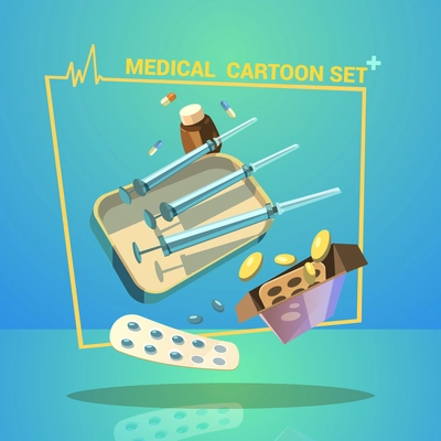 Medicine and treatment cartoon set with pills capsules and syringes vector illustration