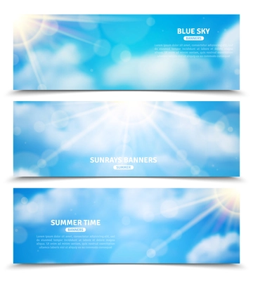 Blue sky with sun rays trough clouds three horizontal summer time banners set abstract isolated vector illustration