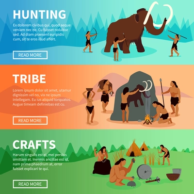 Prehistoric stone age caveman banners with mammoth hunting  life of tribe and primitive crafts flat vector illustration