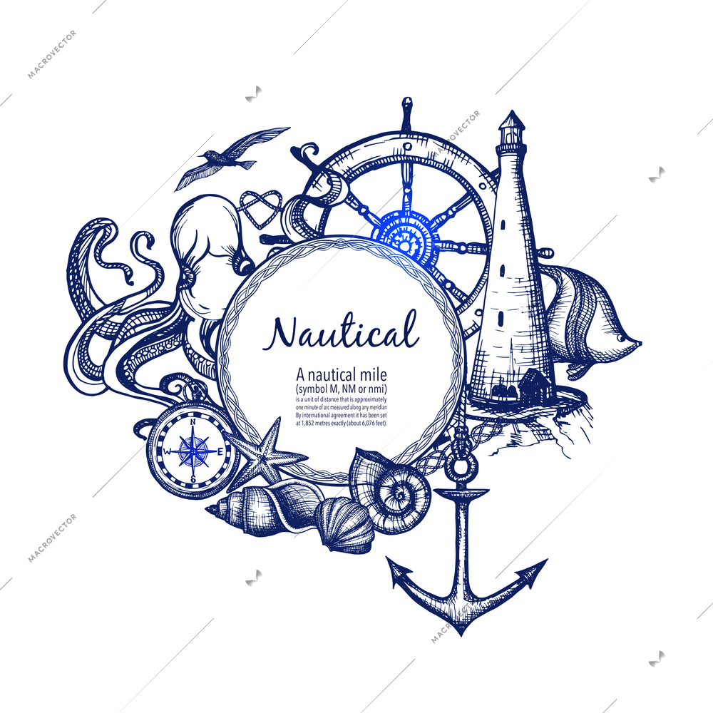 Nautical sea symbols composition doodle design with anchor compass and lighthouse in blue marine abstract vector illustration