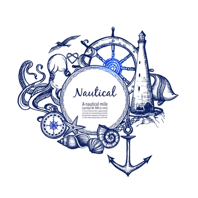 Nautical sea symbols composition doodle design with anchor compass and lighthouse in blue marine abstract vector illustration