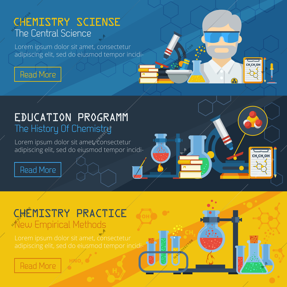 Scientific and practical chemistry horizontal banners set with equipment for research and education flat vector illustration