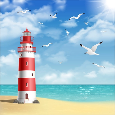 Realistic lighthouse on the beach with seagulls and ocean on background vector illustration