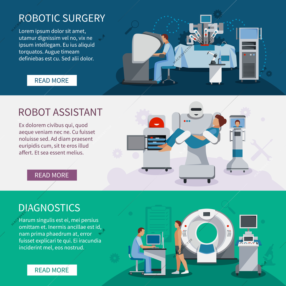 Bionic banners  set of robotic surgery tools and  innovational medical diagnostic equipment flat vector illustration