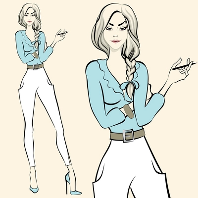 Fashion standing woman emotions in poses isolated vector illustration