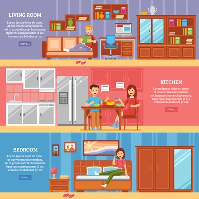 Interior furniture horizontal banner set with variants of indoor activity  vector illustration