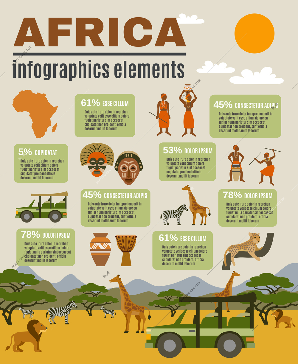 Africa infographic set with animals people and tourism flat vector illustration