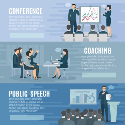 Public speech coaching and visual aids presentation skills information 3 horizontal banners set abstract isolated illustration vector