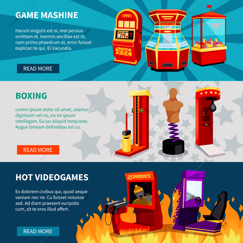 Game machine banners with hot video games boxing and slot machines flat vector illustration