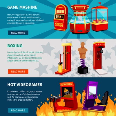 Game machine banners with hot video games boxing and slot machines flat vector illustration