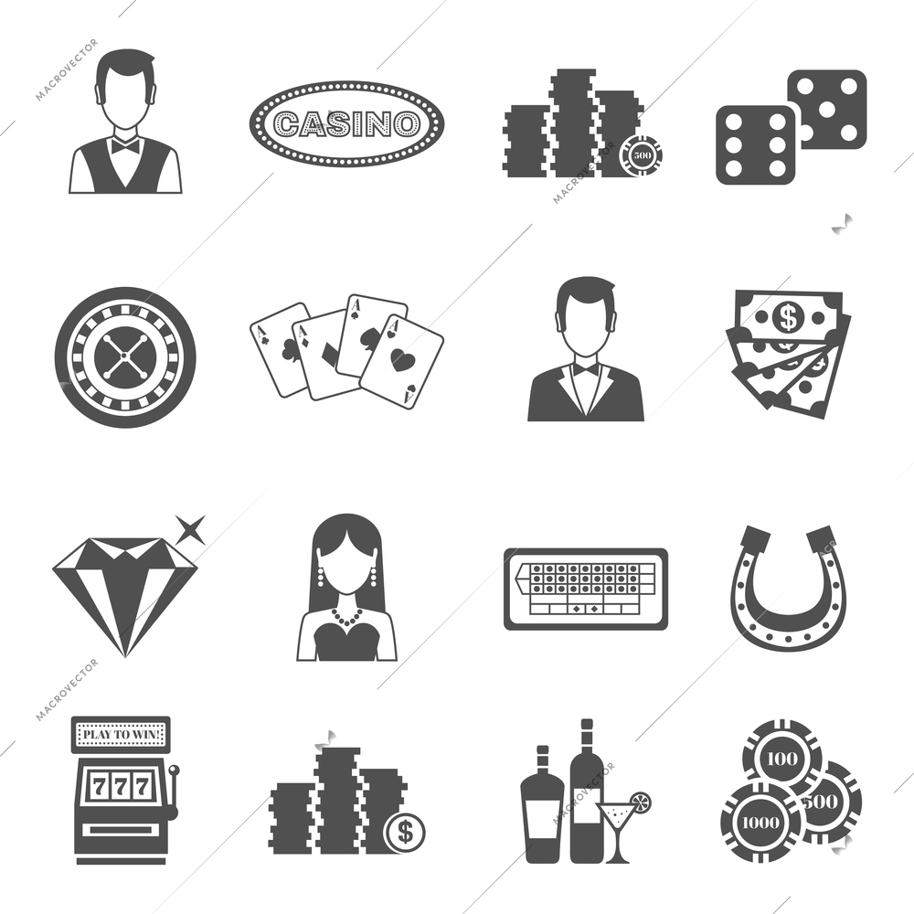 Casino black white icons set with slot machine and roulette symbols flat isolated vector illustration