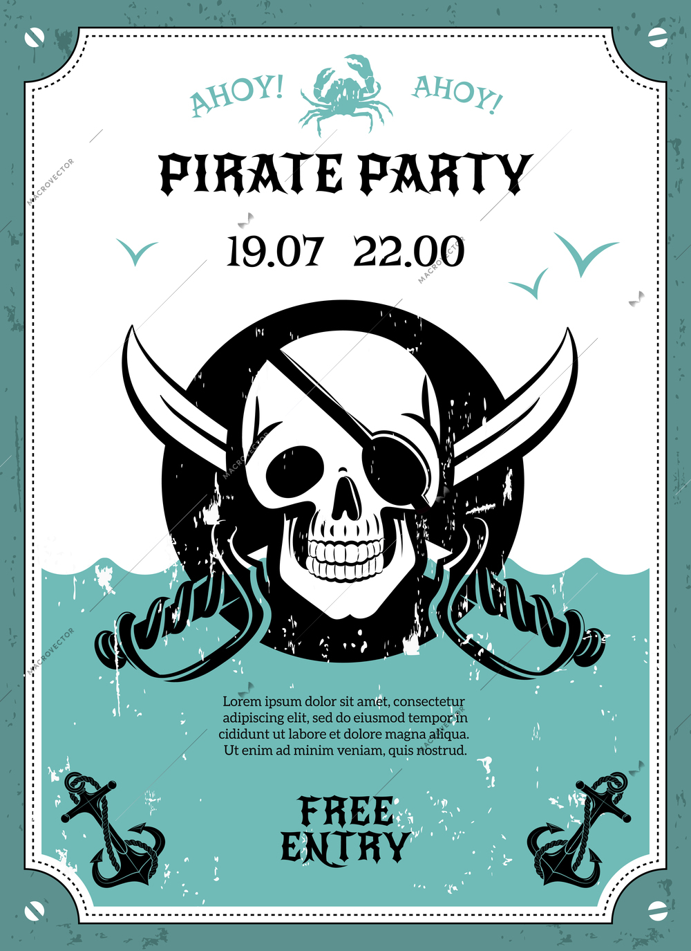 Pirate party free entry announcement poster with skull with eye pad date and time abstract vector illustration. Editable EPS and Render in JPG format