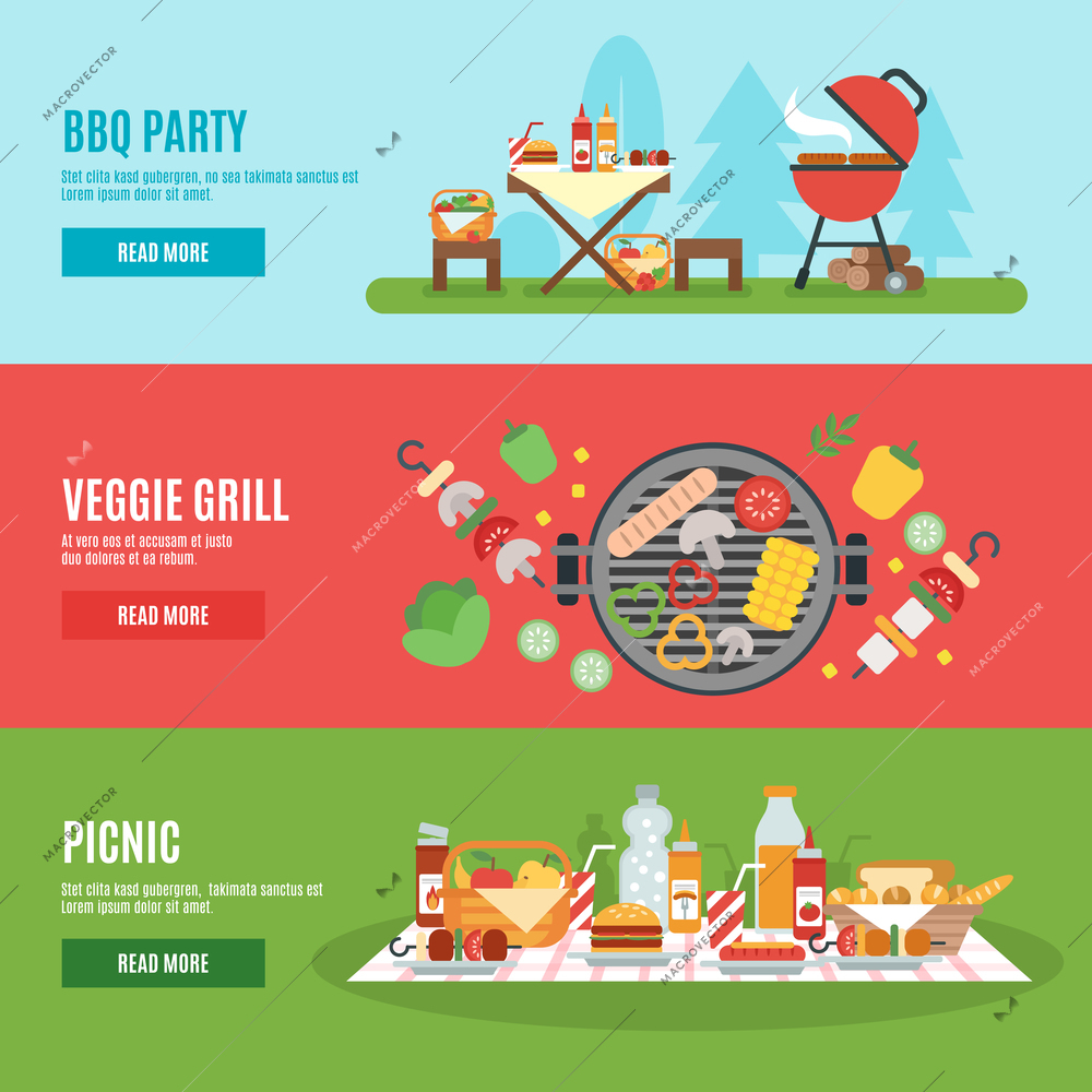 BBQ party horizontal banner set with veggie grill elements flat isolated vector illustration