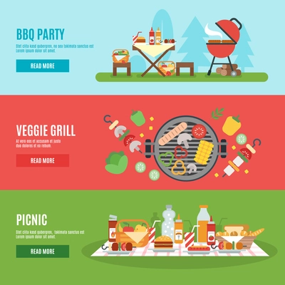BBQ party horizontal banner set with veggie grill elements flat isolated vector illustration