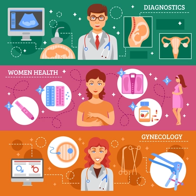 Obstetrics horizontal banner set with women health and diagnostics elements isolated vector illustration