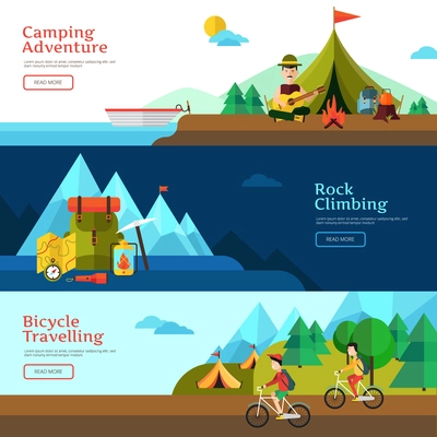 Camping flat horizontal banner set for web design and presentation vector illustration