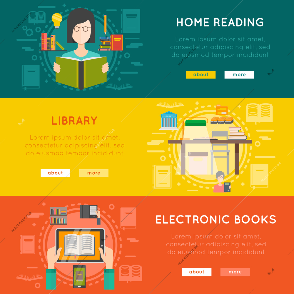 Library horizontal banner set with electronic books flat isolated vector illustration