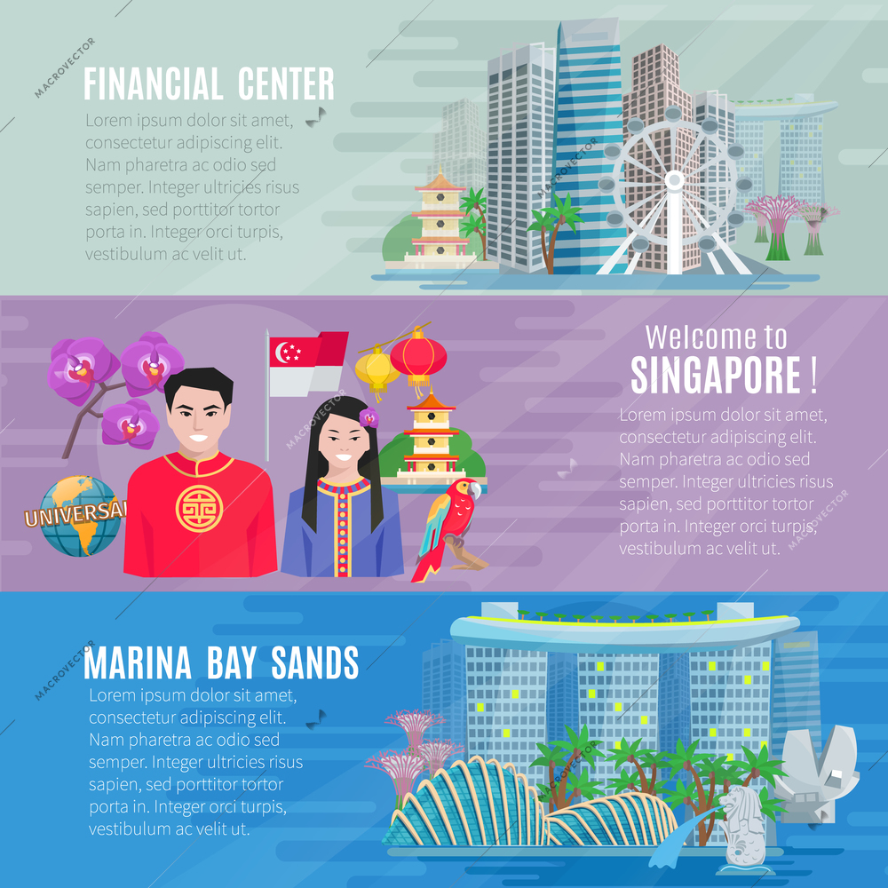 Singapore culture for travelers 3 flat horizontal banners set with financial business center abstract vector isolated illustration