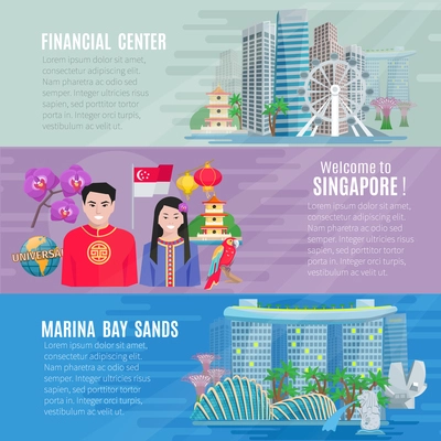 Singapore culture for travelers 3 flat horizontal banners set with financial business center abstract vector isolated illustration