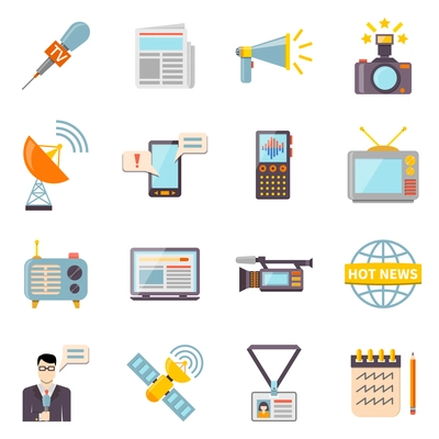 Mass media icons set with telecommunications radio and news symbols flat isolated vector illustration