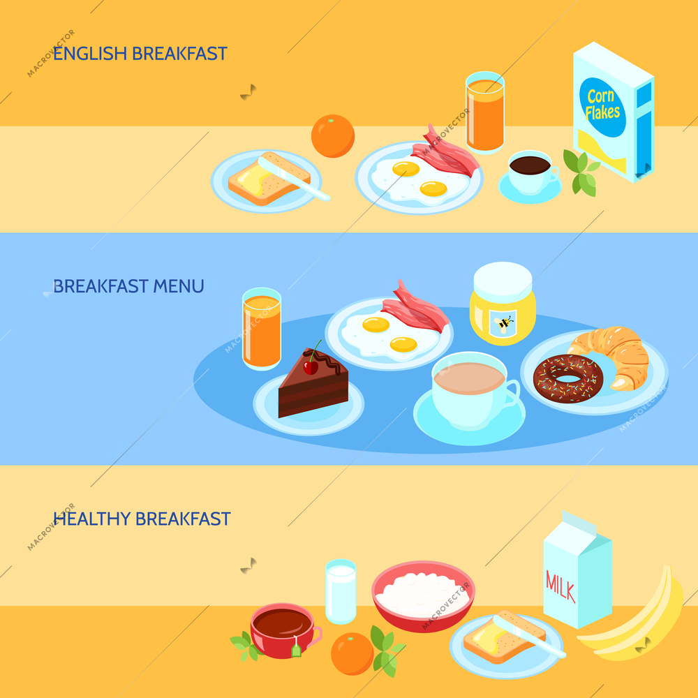 Banner with various types of breakfast isolated vector illustration