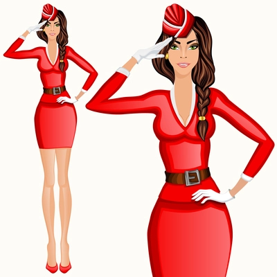 Young attractive long legged flight attendant stewardess in red uniform saluting vector illustration