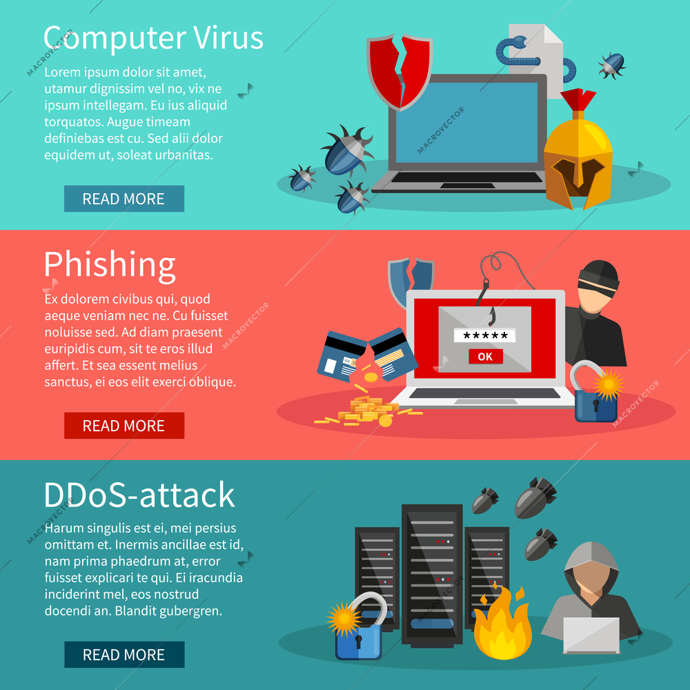 Horizontal  hacker banners set with icons of DDOS attacks on computer systems  phishing and computer viruses vector illustration