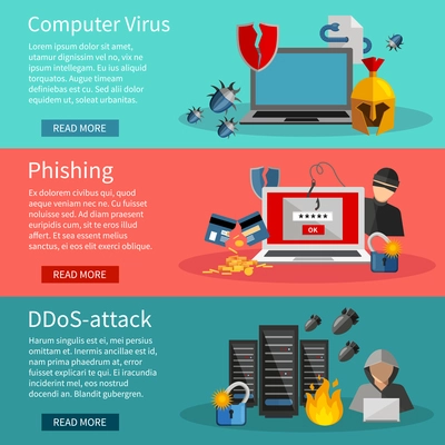 Horizontal  hacker banners set with icons of DDOS attacks on computer systems  phishing and computer viruses vector illustration