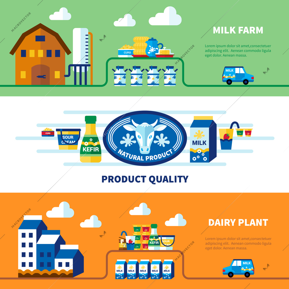 Milk farm and dairy plant banners with advertising of product quality isolated vector illustration