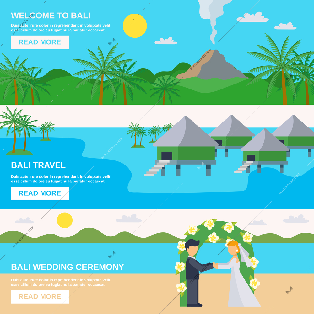 Bali travel banners set with different purposes of journey isolated vector illustration