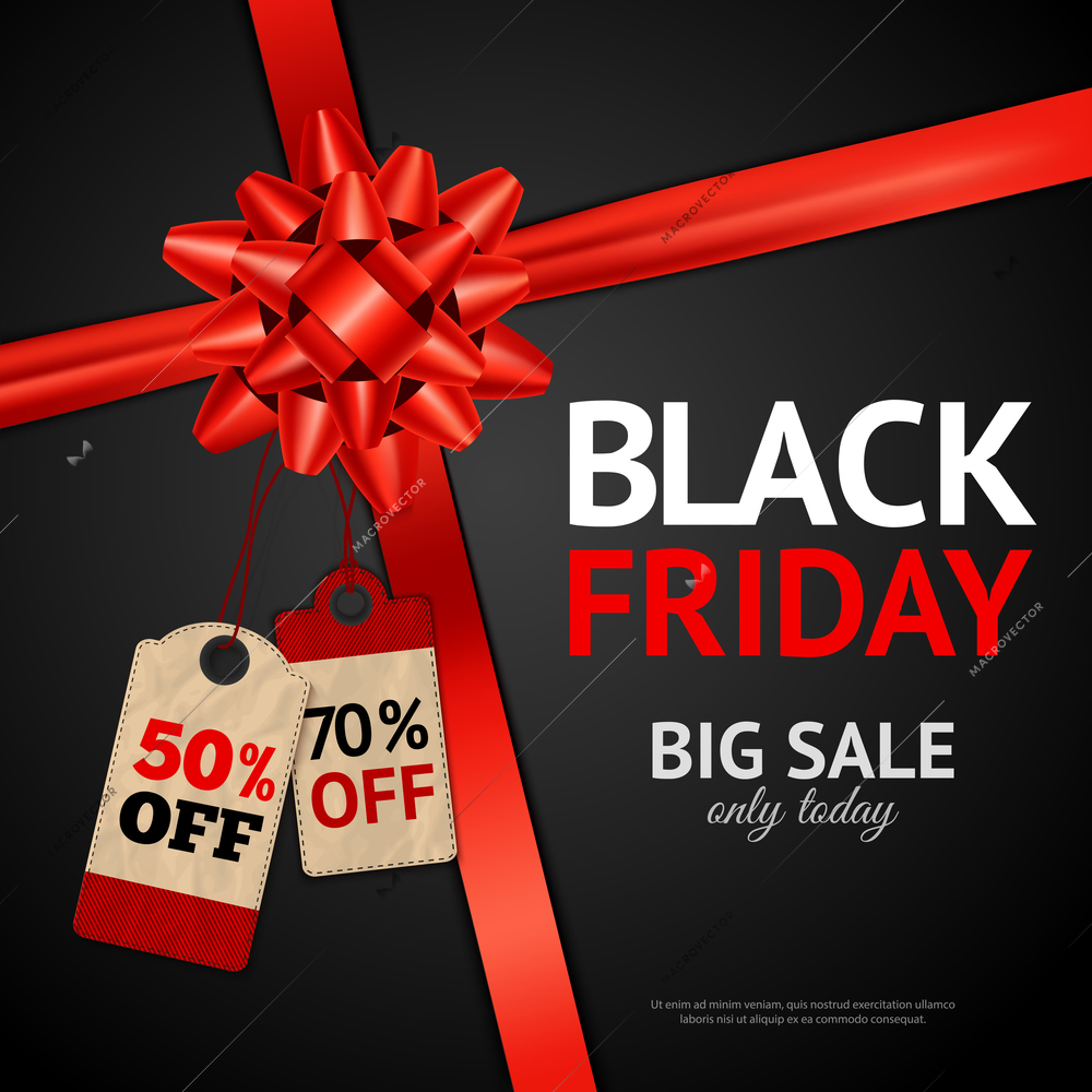 Advertisement poster black friday sale with big gift bow and discount labels on black background vector illustration