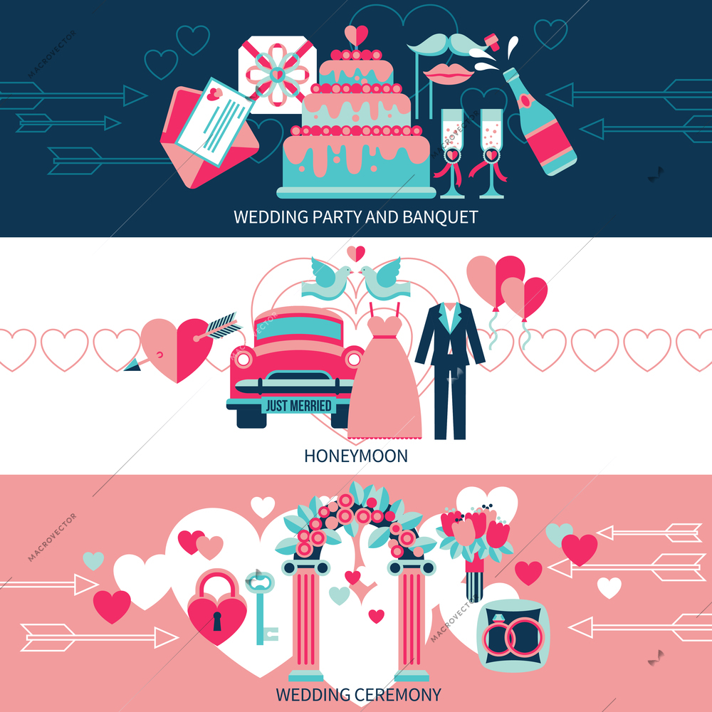 Horizontal banners set presenting wedding party and banquet honeymoon for just married and ceremony flat vector illustration